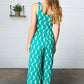 Kelly Green Abstract Wave Button Jumpsuit - DAVERRI FASHIONS