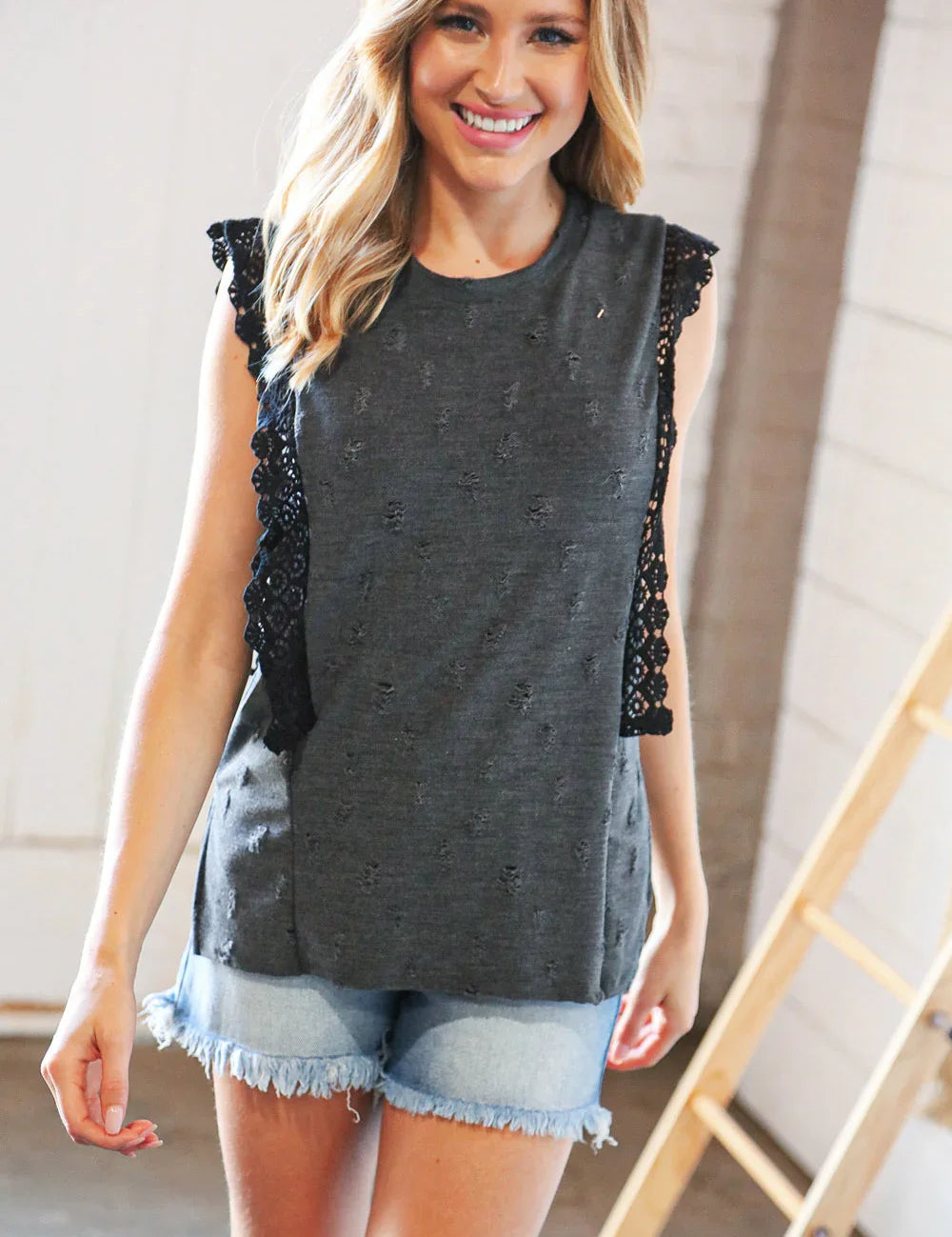 Charcoal Distressed Sleeveless Crochet Lace Top | Daverri Fashions