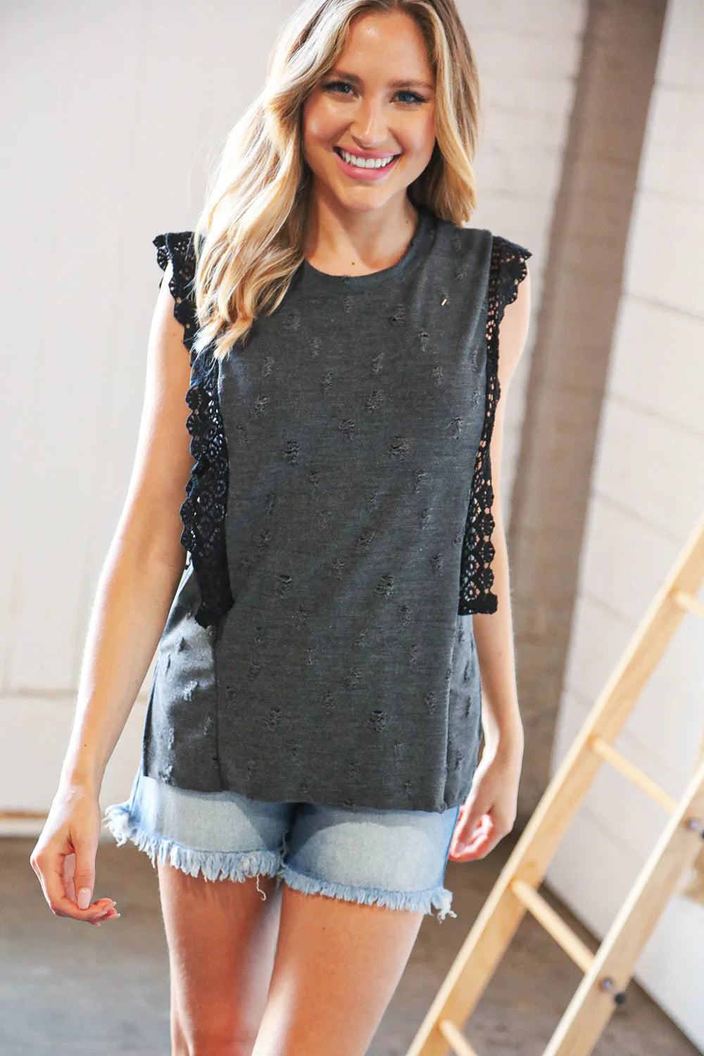 Charcoal Distressed Sleeveless Crochet Lace Top | Daverri Fashions