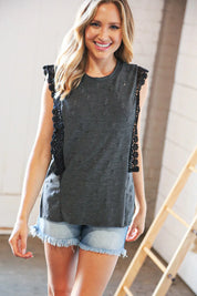 Charcoal Distressed Sleeveless Crochet Lace Top | Daverri Fashions