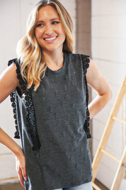 Charcoal Distressed Sleeveless Crochet Lace Top | Daverri Fashions