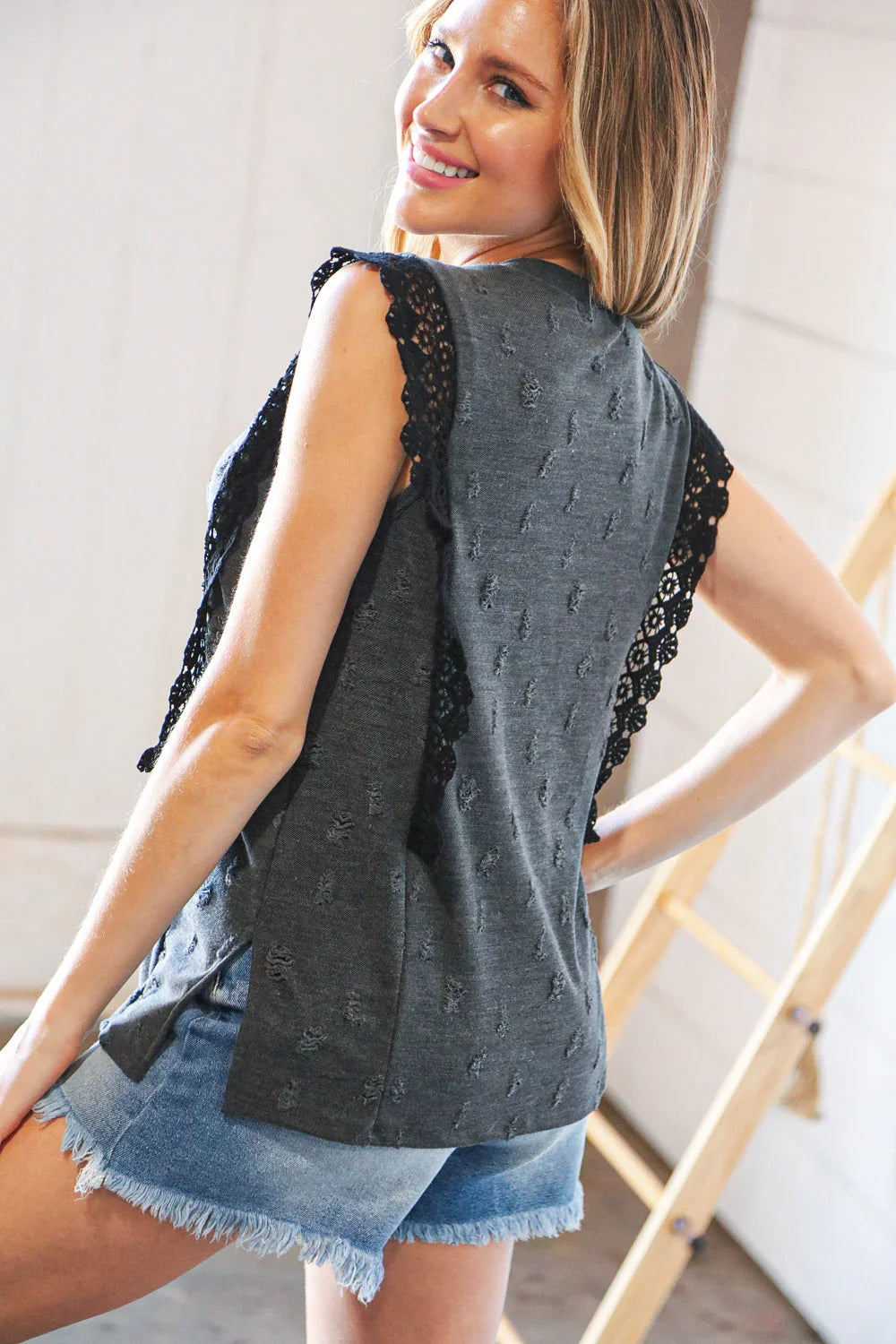 Charcoal Distressed Sleeveless Crochet Lace Top | Daverri Fashions