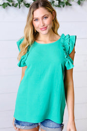 Kelly Green Double Ruffle Sleeve Crinkle Top | Daverri Fashions