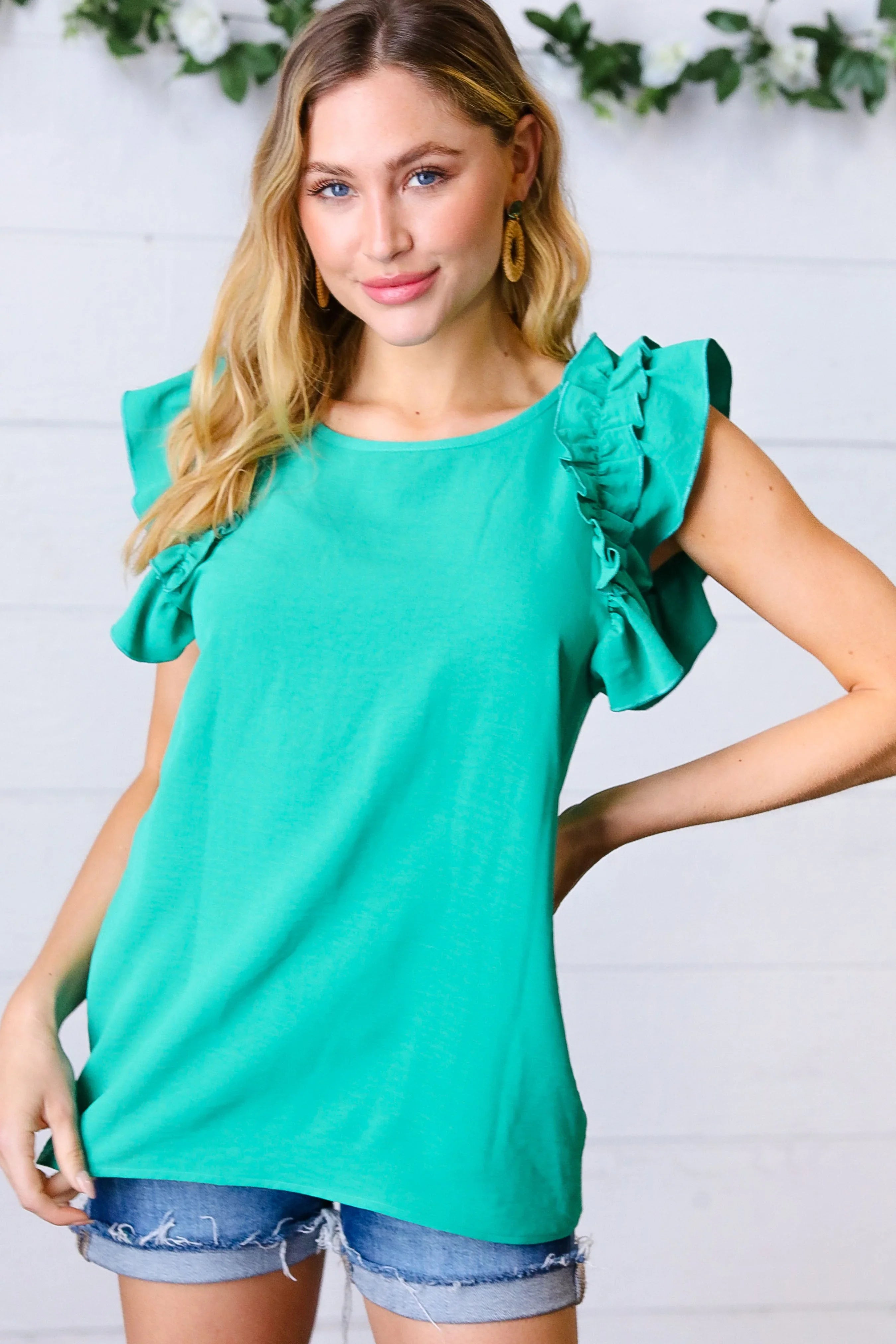 Kelly Green Double Ruffle Sleeve Crinkle Top | Daverri Fashions