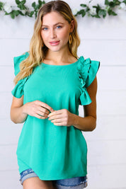 Kelly Green Double Ruffle Sleeve Crinkle Top | Daverri Fashions