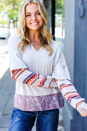 Boho Energy Taupe Stripe & Paisley Twofer Terry Top | Daverri Fashions