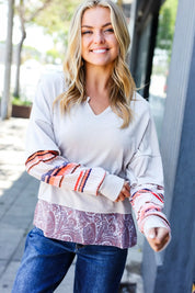 Boho Energy Taupe Stripe & Paisley Twofer Terry Top | Daverri Fashions