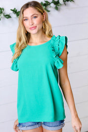 Kelly Green Double Ruffle Sleeve Crinkle Top | Daverri Fashions