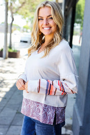 Boho Energy Taupe Stripe & Paisley Twofer Terry Top | Daverri Fashions