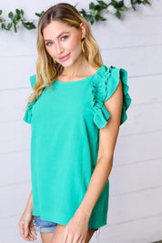 Kelly Green Double Ruffle Sleeve Crinkle Top | Daverri Fashions