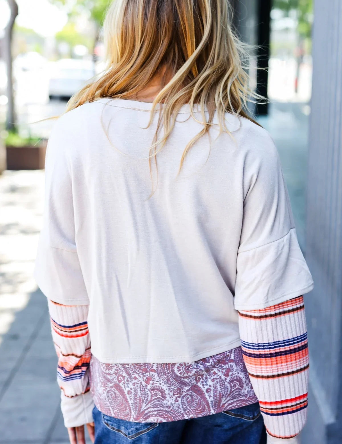 Boho Energy Taupe Stripe & Paisley Twofer Terry Top | Daverri Fashions