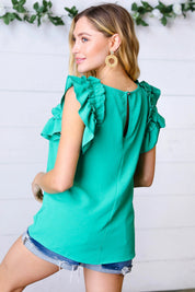 Kelly Green Double Ruffle Sleeve Crinkle Top | Daverri Fashions