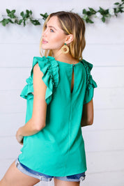 Kelly Green Double Ruffle Sleeve Crinkle Top | Daverri Fashions