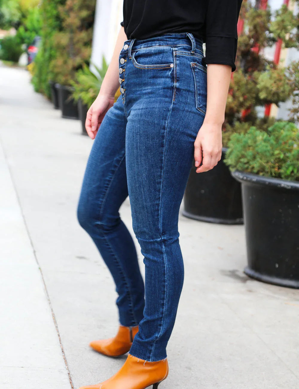 Stand Out Dark Denim High Rise Skinny Fit Button Fly Jeans | Daverri Fashions