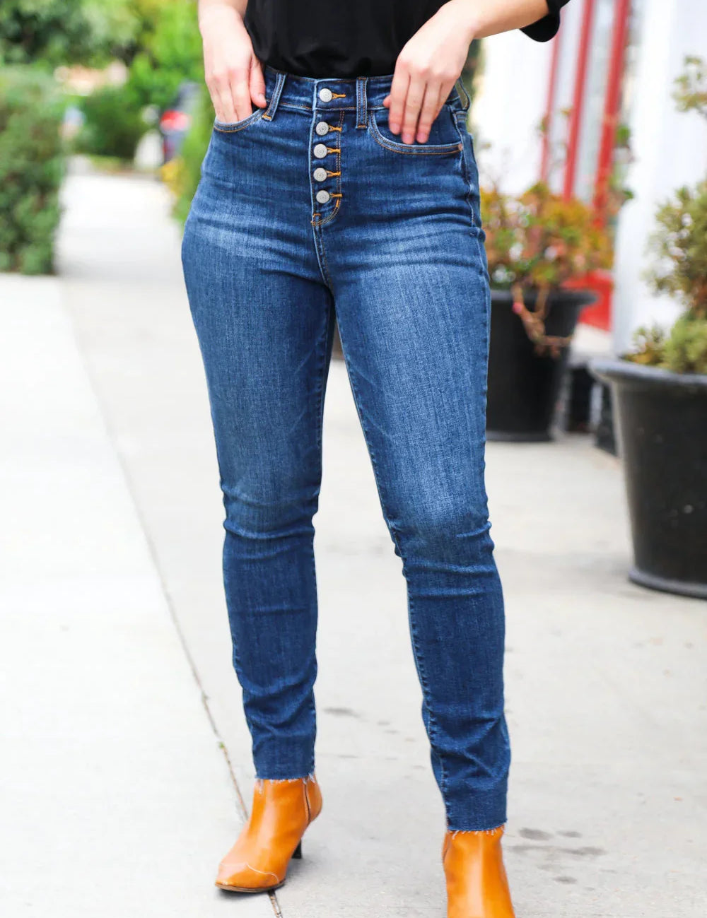 Stand Out Dark Denim High Rise Skinny Fit Button Fly Jeans | Daverri Fashions