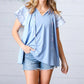 Blue Floral & Stripe V Neck Tie Double Flutter Sleeve Top - DAVERRI FASHIONS
