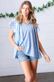 Blue Floral & Stripe V Neck Tie Double Flutter Sleeve Top | Daverri Fashions