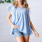 Blue Floral & Stripe V Neck Tie Double Flutter Sleeve Top - DAVERRI FASHIONS