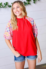 Cardinal Red Frilled Mock Neck Floral Puff Sleeve Top | Daverri Fashions