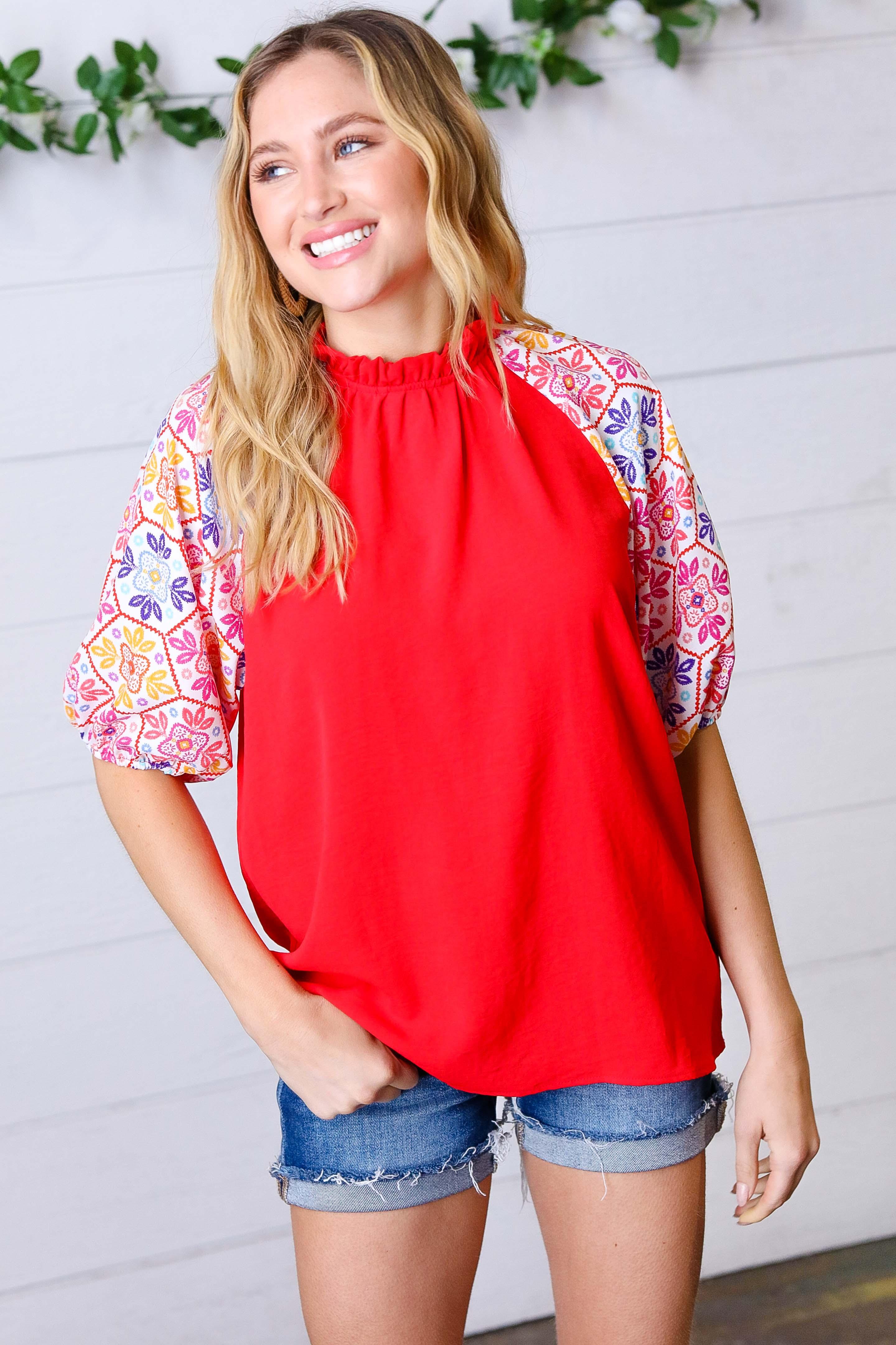 Cardinal Red Frilled Mock Neck Floral Puff Sleeve Top | Daverri Fashions