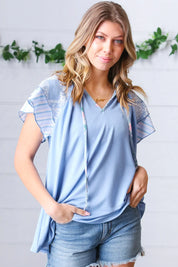 Blue Floral & Stripe V Neck Tie Double Flutter Sleeve Top | Daverri Fashions