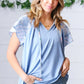 Blue Floral & Stripe V Neck Tie Double Flutter Sleeve Top - DAVERRI FASHIONS