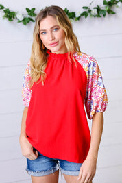 Cardinal Red Frilled Mock Neck Floral Puff Sleeve Top | Daverri Fashions