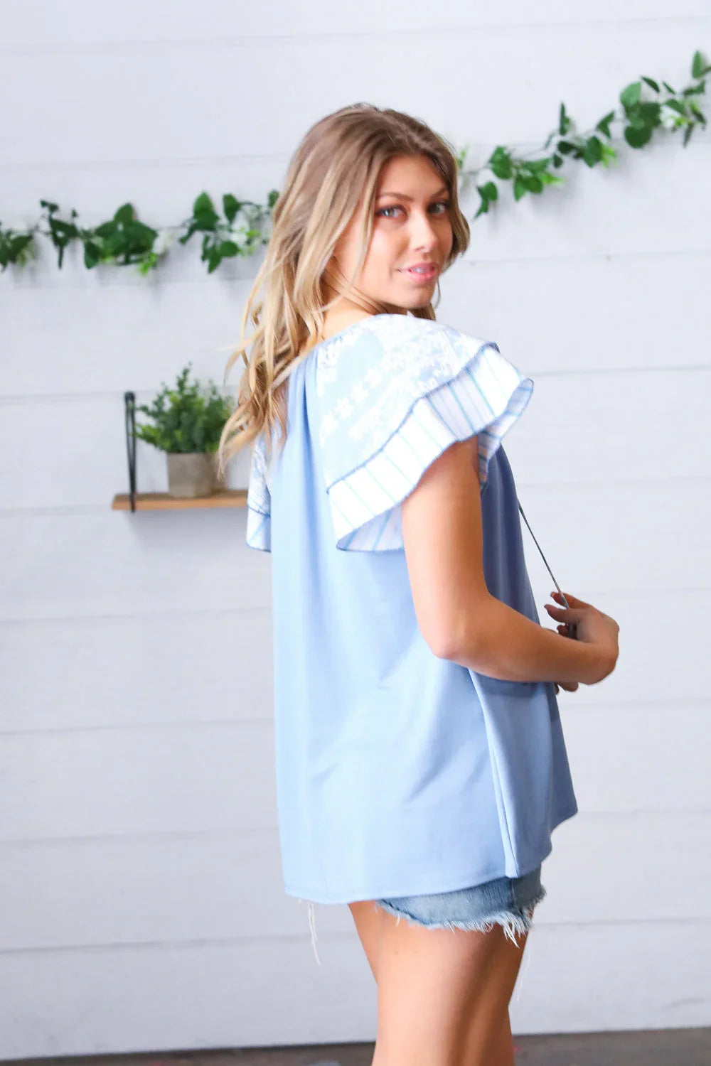 Blue Floral & Stripe V Neck Tie Double Flutter Sleeve Top | Daverri Fashions