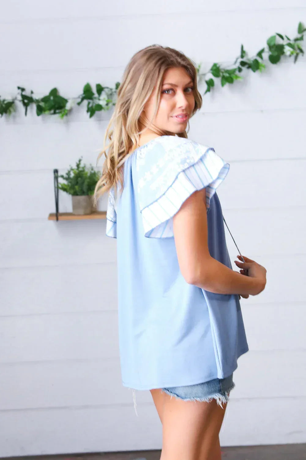 Blue Floral & Stripe V Neck Tie Double Flutter Sleeve Top - DAVERRI FASHIONS