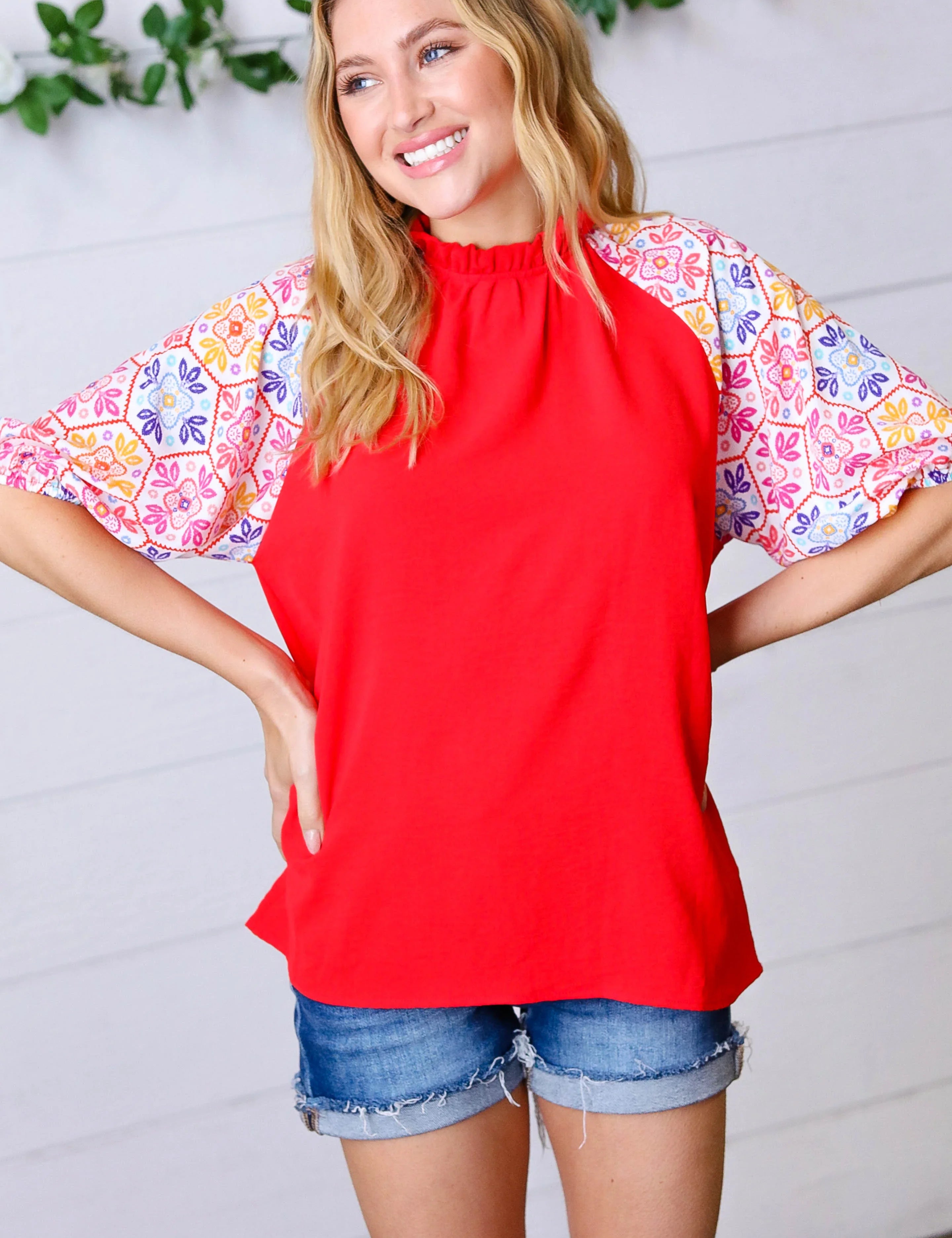 Cardinal Red Frilled Mock Neck Floral Puff Sleeve Top | Daverri Fashions