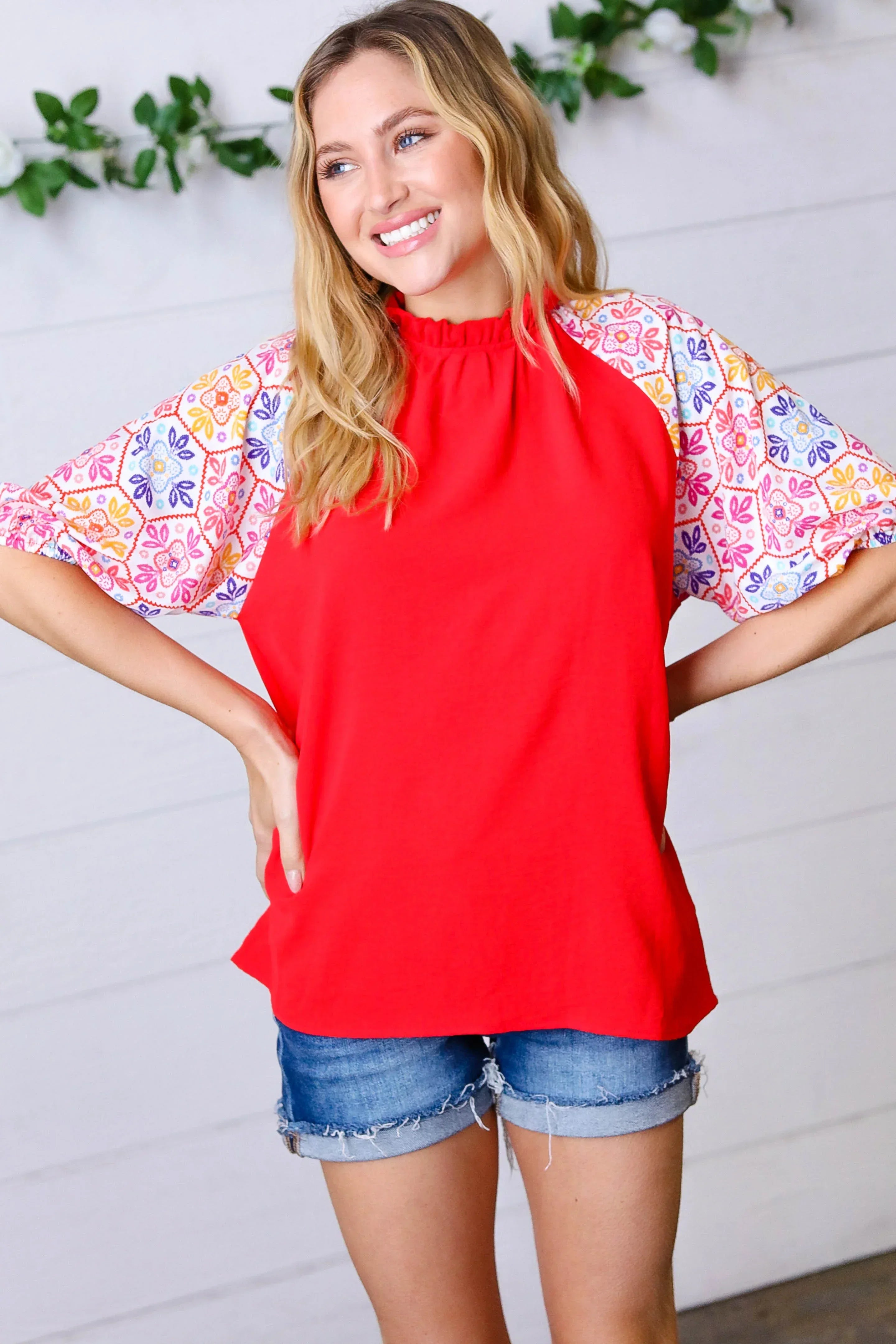 Cardinal Red Frilled Mock Neck Floral Puff Sleeve Top - DAVERRI FASHIONS