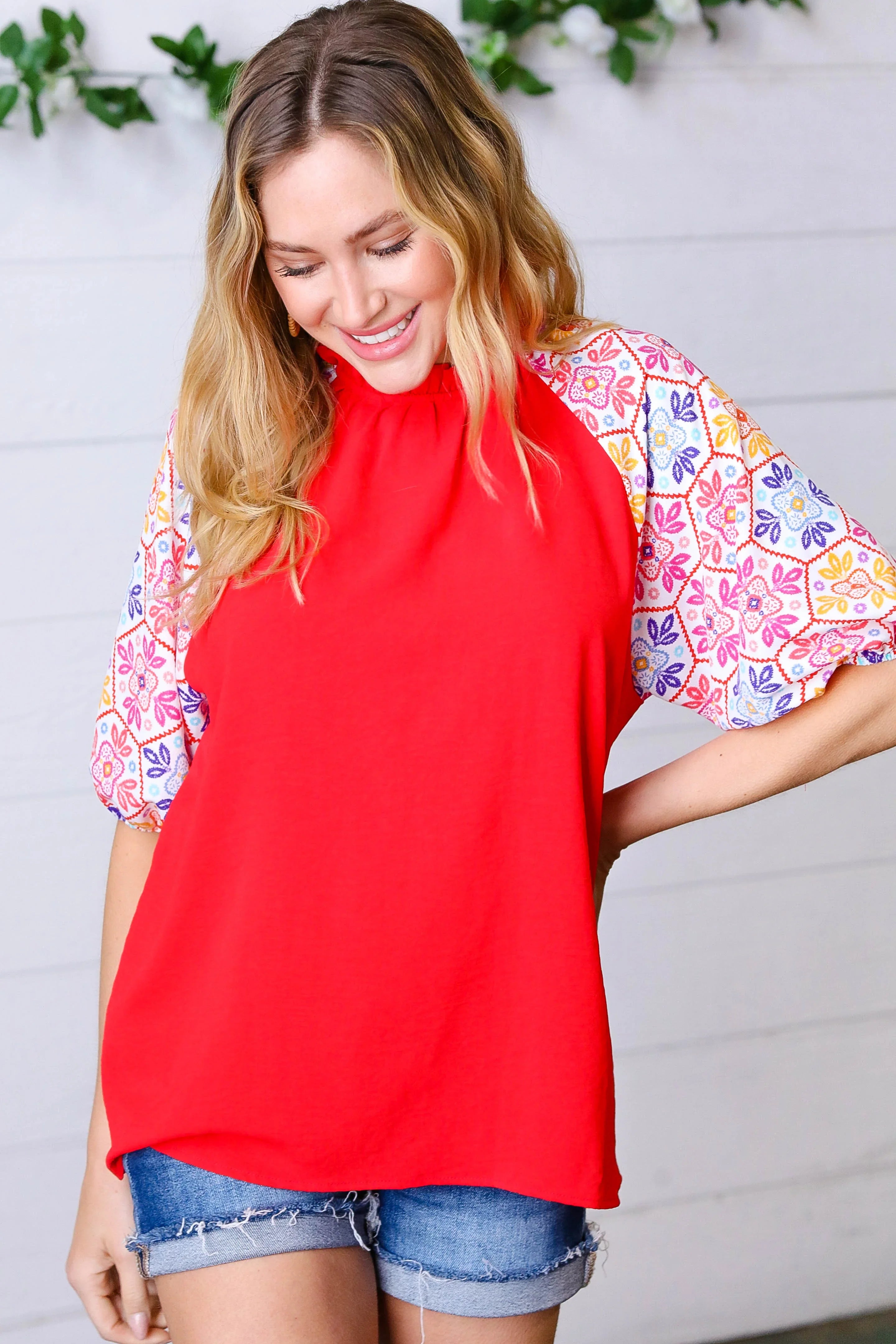 Cardinal Red Frilled Mock Neck Floral Puff Sleeve Top | Daverri Fashions