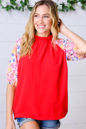 Cardinal Red Frilled Mock Neck Floral Puff Sleeve Top | Daverri Fashions