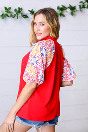 Cardinal Red Frilled Mock Neck Floral Puff Sleeve Top | Daverri Fashions