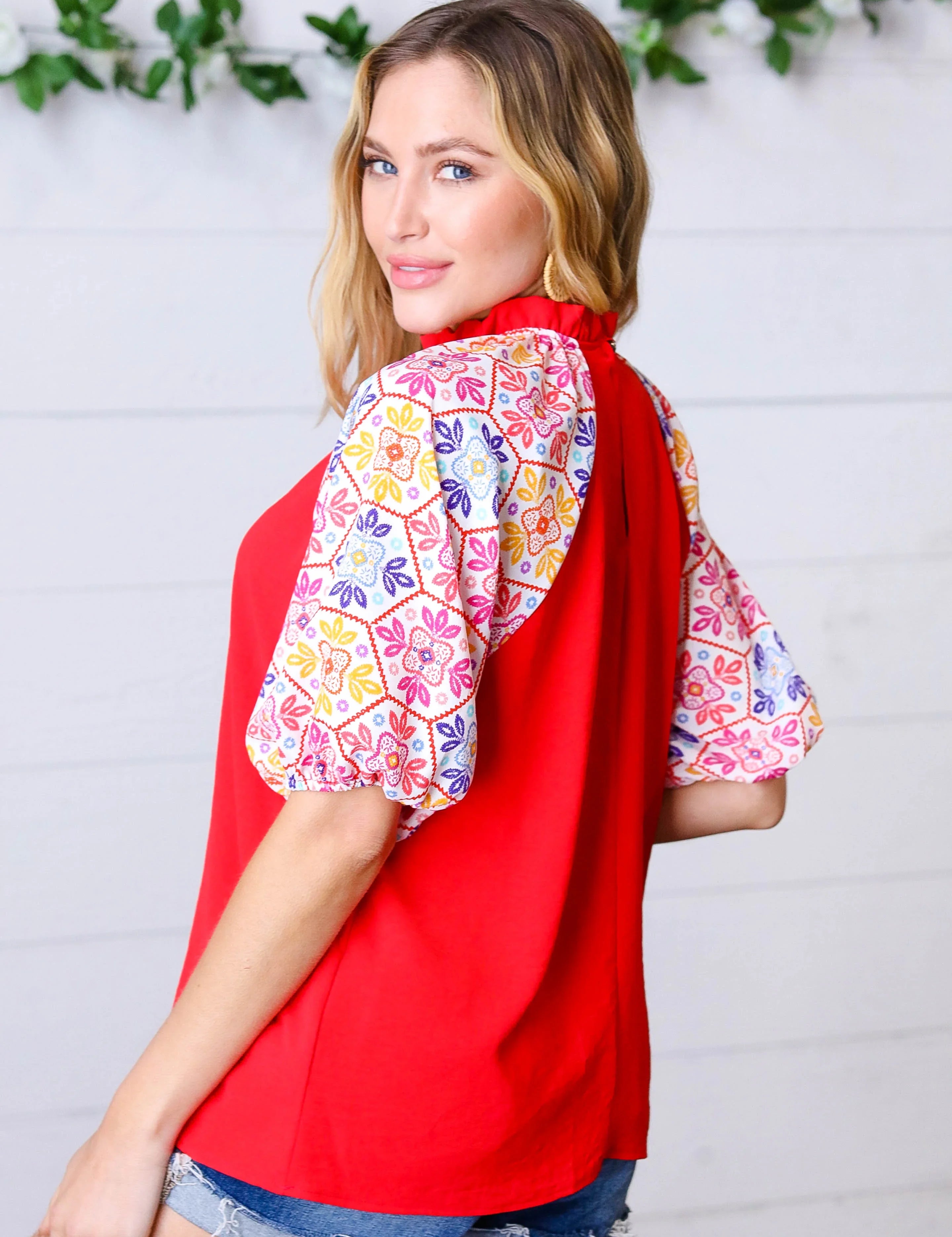Cardinal Red Frilled Mock Neck Floral Puff Sleeve Top | Daverri Fashions
