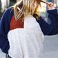 Cozy Seize The Day navy and taupe quarter zip sherpa pullover with rust patch