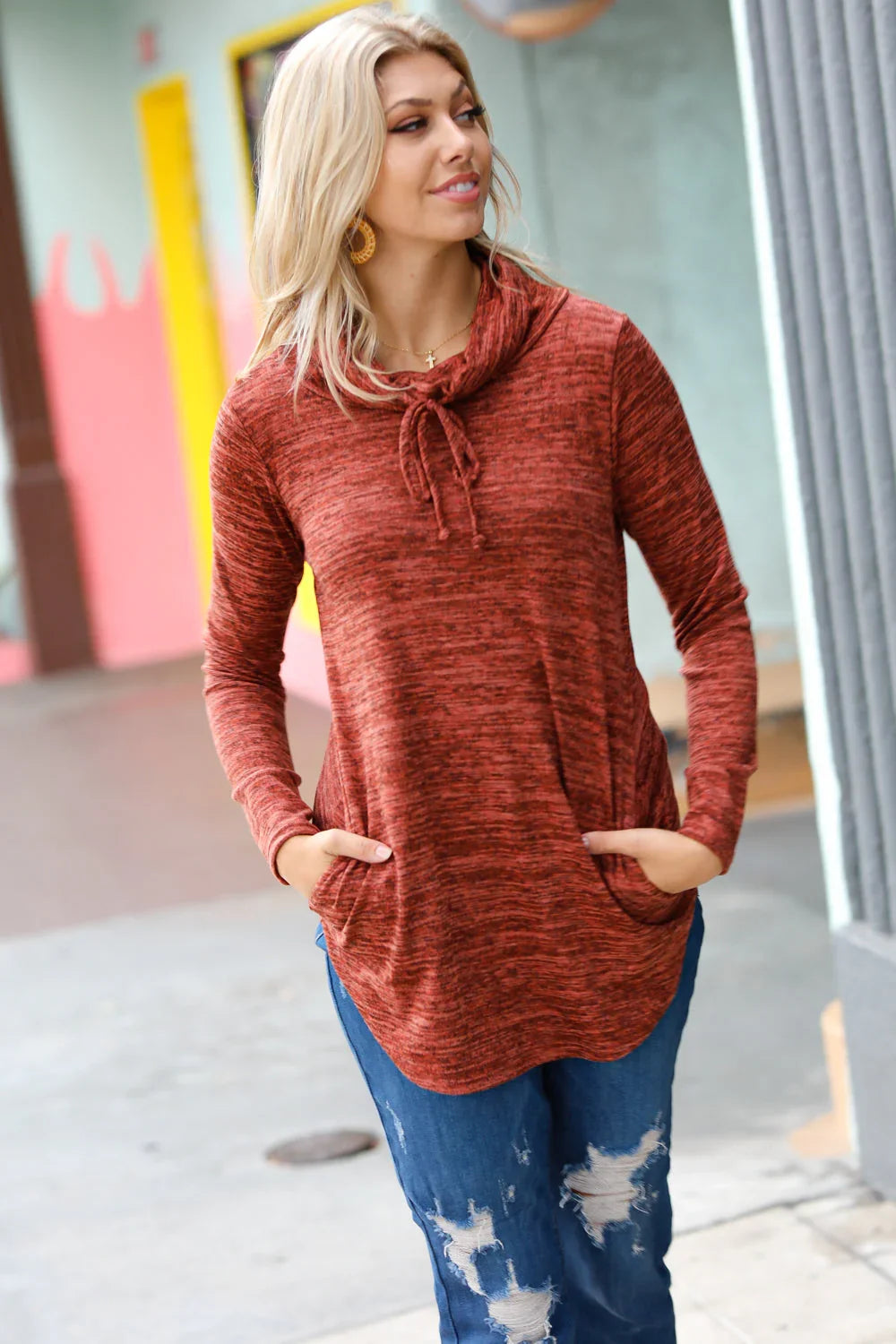 Rust Marled Cowl Neck Pocketed Top | Daverri Fashions