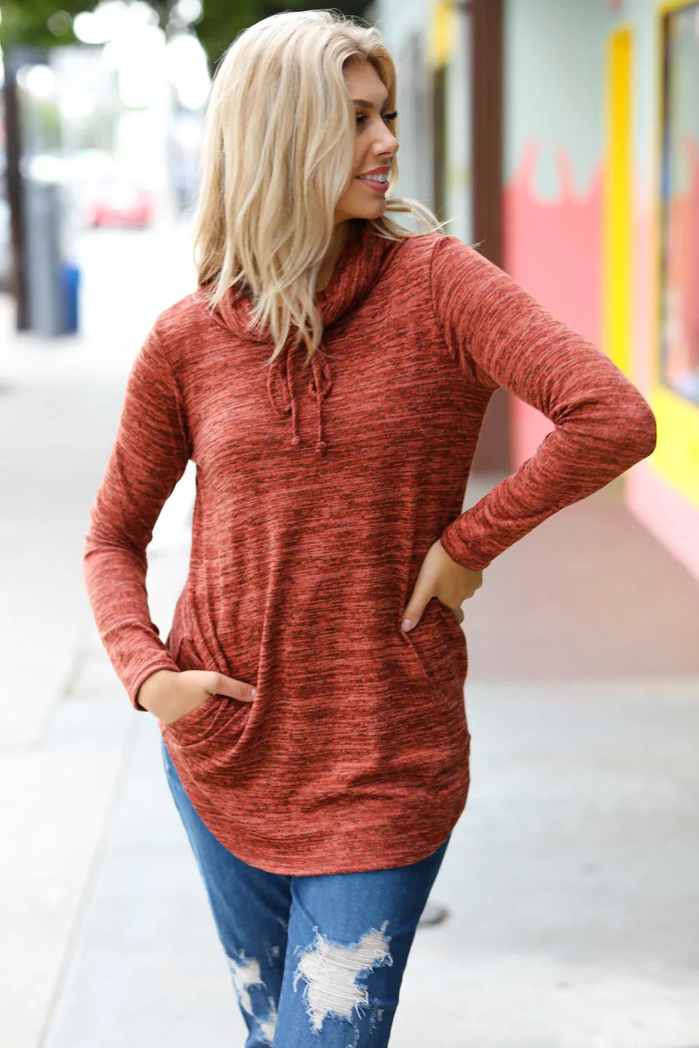 Rust Marled Cowl Neck Pocketed Top | Daverri Fashions