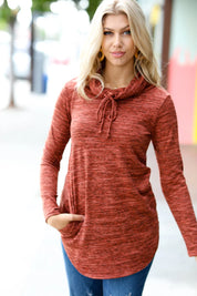 Rust Marled Cowl Neck Pocketed Top | Daverri Fashions