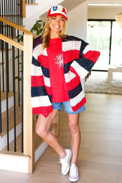 Simply Patriotic Red White & Blue Striped Crochet Cardigan | Daverri Fashions