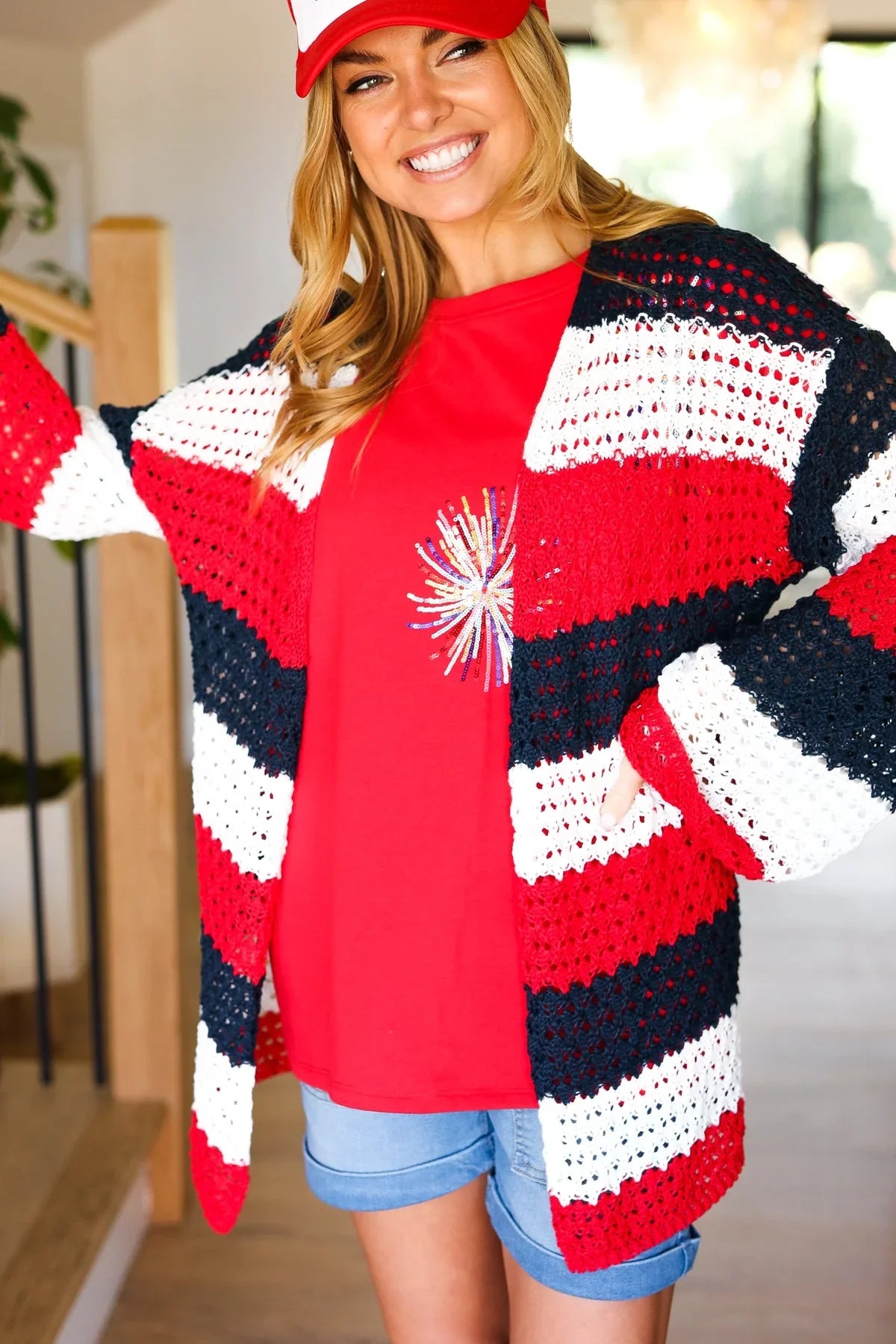 Simply Patriotic Red White & Blue Striped Crochet Cardigan | Daverri Fashions