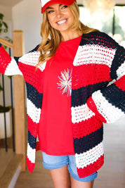 Simply Patriotic Red White & Blue Striped Crochet Cardigan | Daverri Fashions