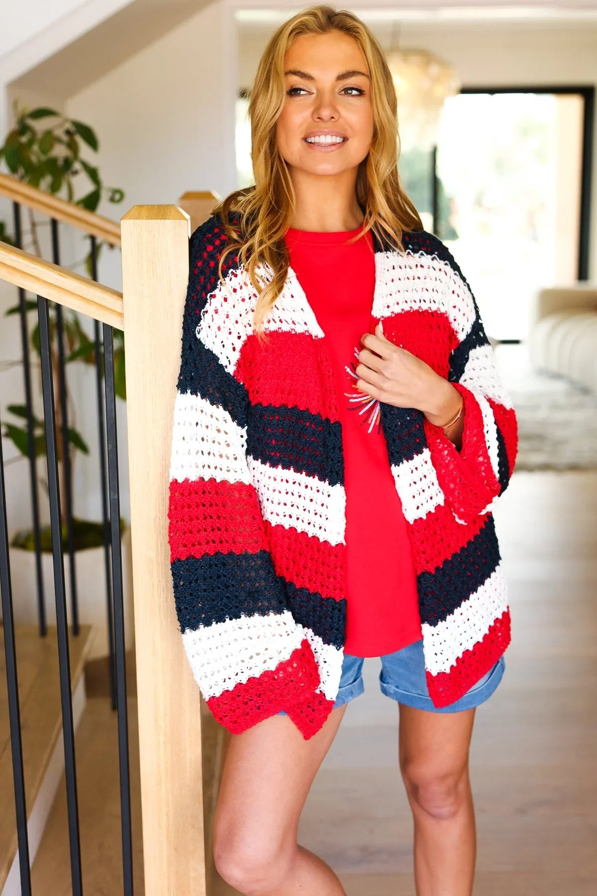 Simply Patriotic Red White & Blue Striped Crochet Cardigan | Daverri Fashions