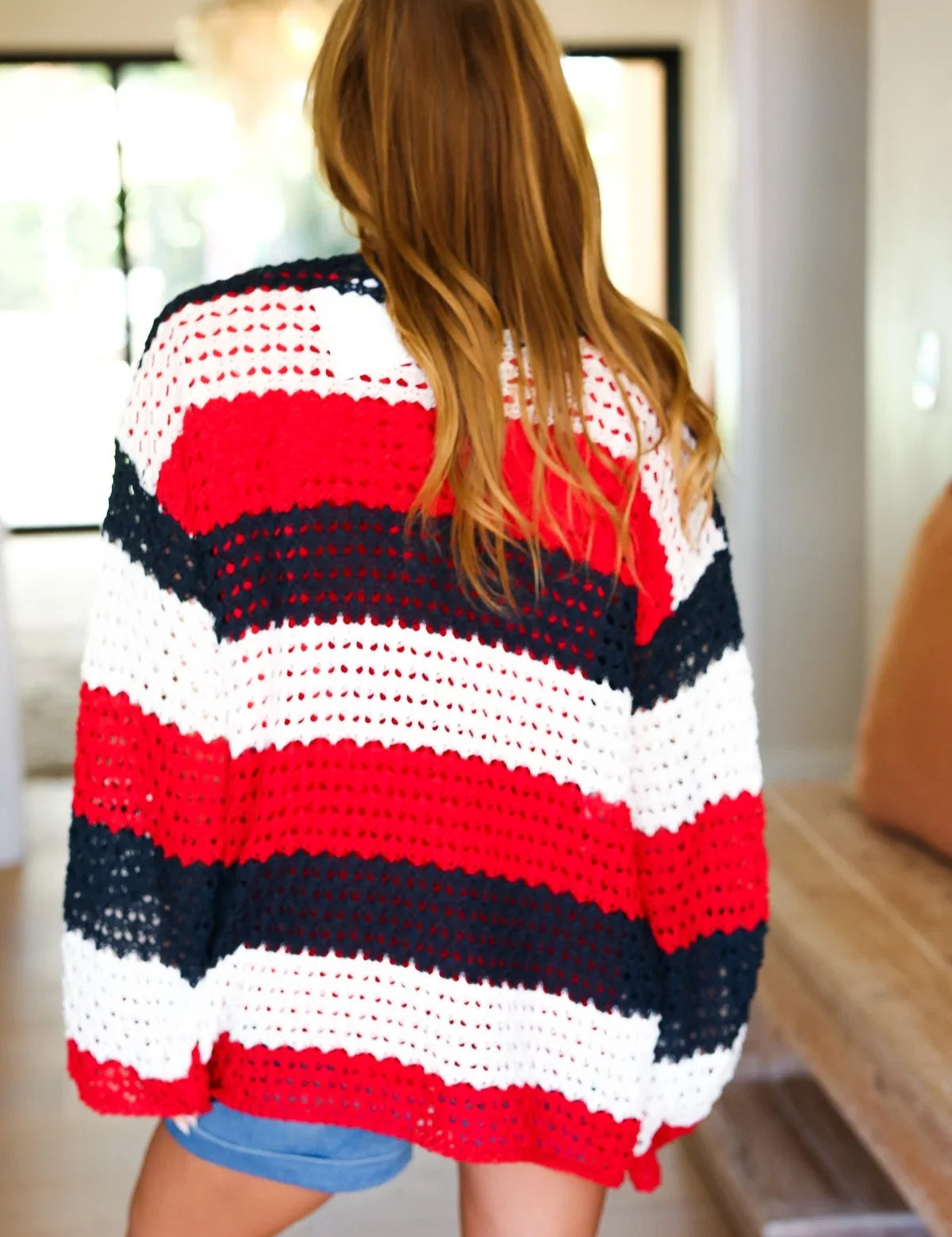 Simply Patriotic Red White & Blue Striped Crochet Cardigan | Daverri Fashions