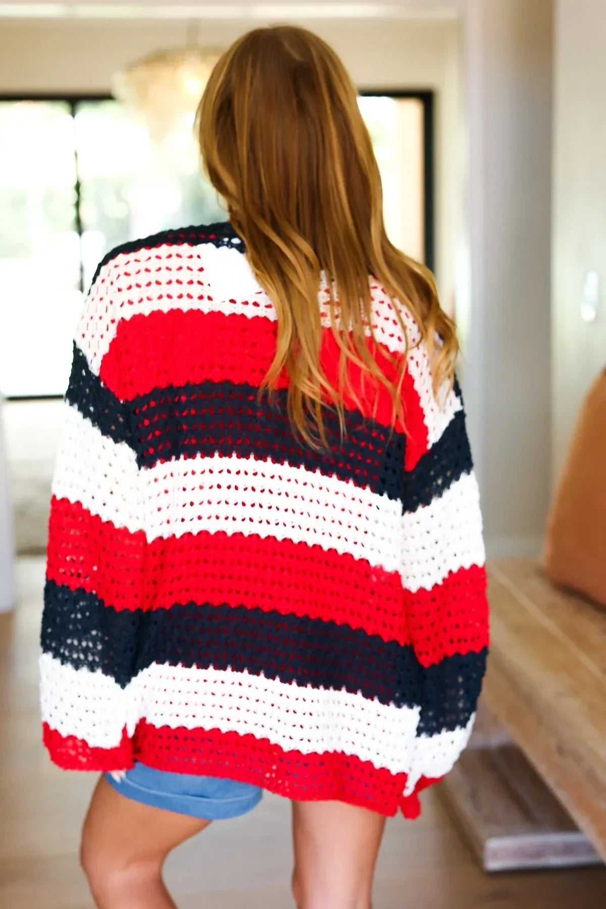Simply Patriotic Red White & Blue Striped Crochet Cardigan - DAVERRI FASHIONS