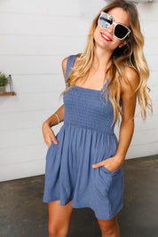 Dusty Blue Terry Smocked Tank Top Baggy Shorts Romper | Daverri Fashions
