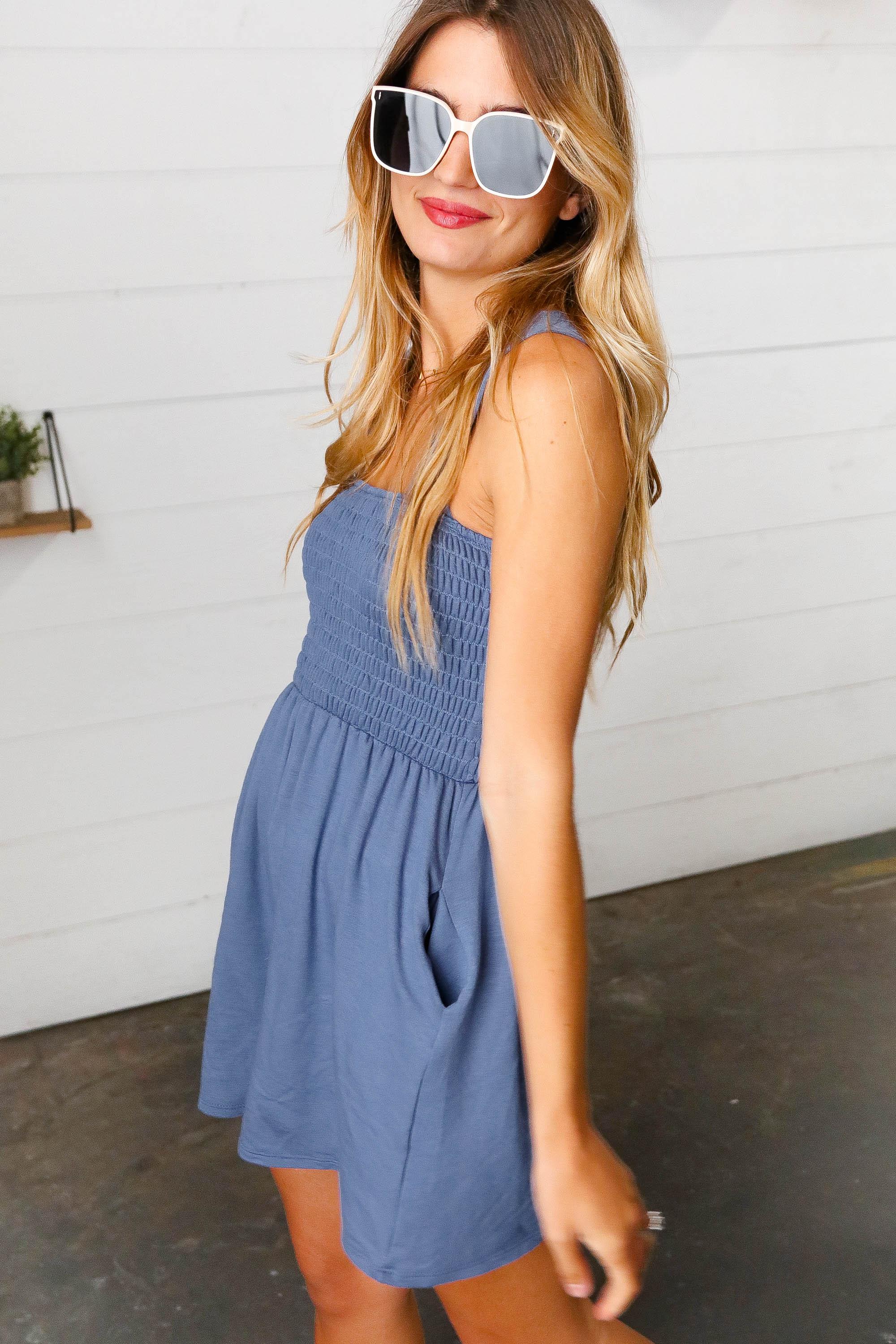 Dusty Blue Terry Smocked Tank Top Baggy Shorts Romper | Daverri Fashions