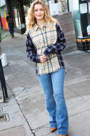 Navy & Beige Cotton Plaid Hi-Lo Shirt Top | Daverri Fashions