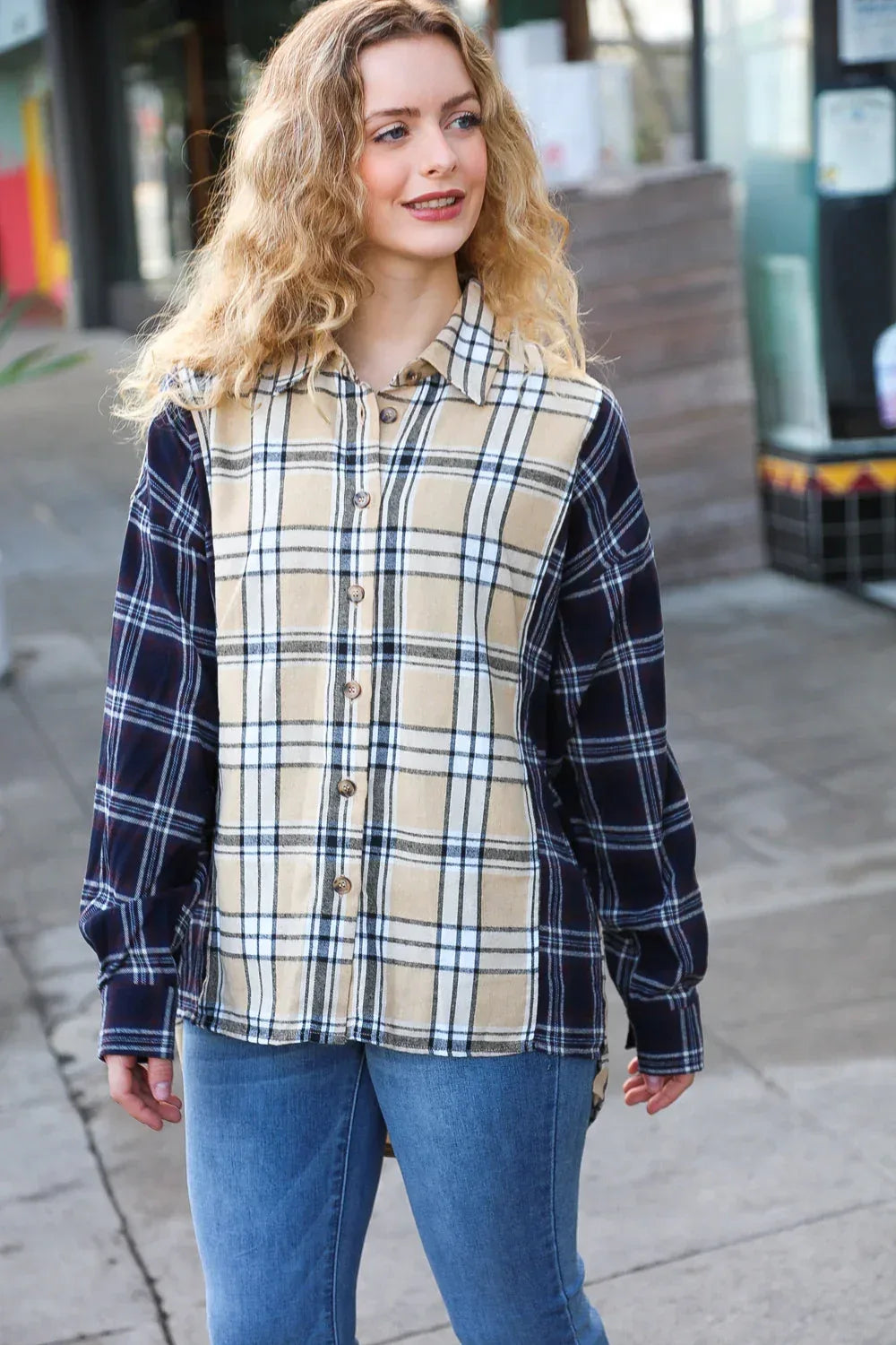 Navy & Beige Cotton Plaid Hi-Lo Shirt Top - DAVERRI FASHIONS