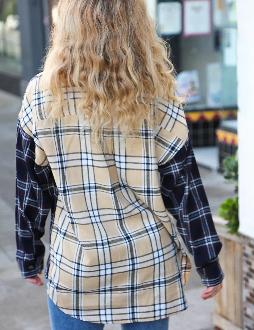 Navy & Beige Cotton Plaid Hi-Lo Shirt Top | Daverri Fashions